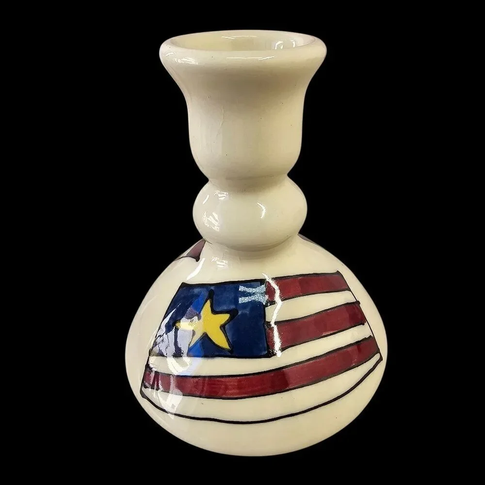 Artist Signed Hand-Painted Ceramic American Flag Candle Holder Vintage